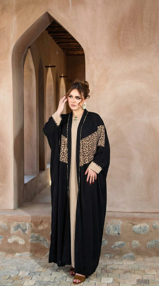 طقم همة النمر عباية 2 قطع من قماش كريب روزا الممتاز